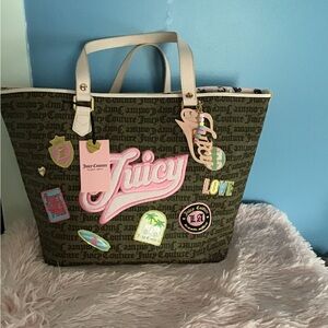 NWT Juicy Couture Brown Logo Fabric Tote with Pink and Cream Accents and Charms
